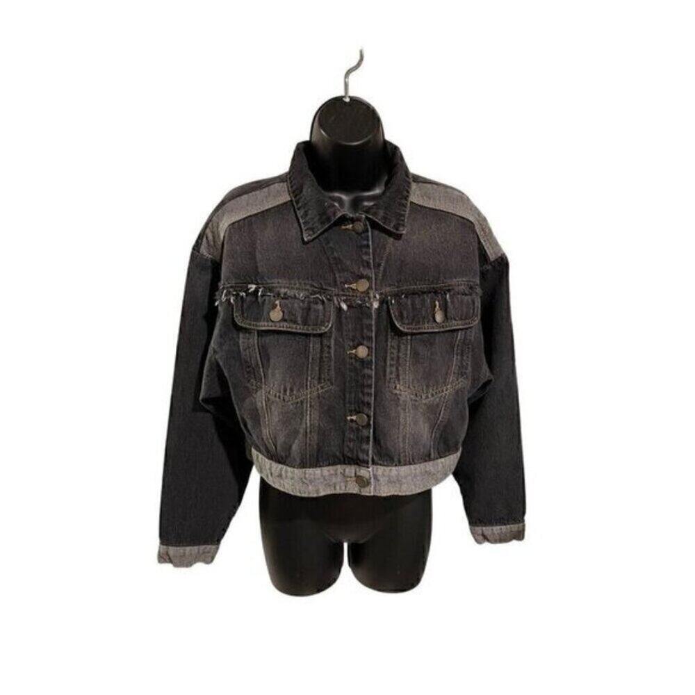 SHEIN Women Black Cropped Denim Jacket Distressed Frayed Hem Trucker Size S